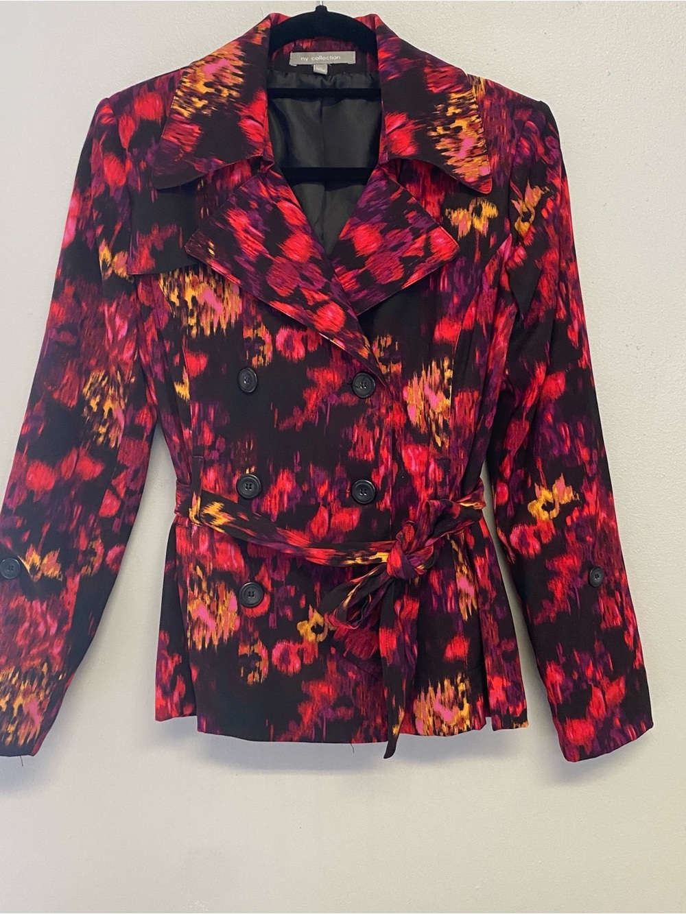 NY Collection Double-Breasted  Jacket - Red, Pink & Yellow Print